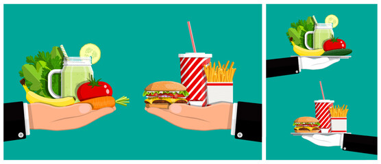 Hand offering healthy food versus unhealthy food choice. Healthy lifestyle diet concept. Balancing nutrition with fast food.