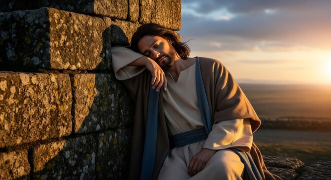 A weary man, resembling Jesus, leans against an ancient stone wall at sunset, appearing to rest or sleep in a moment of quiet contemplation.