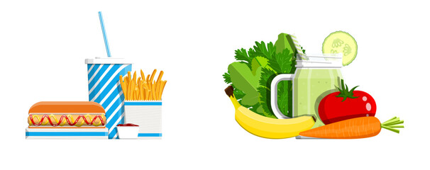 Hot dog, french fries, soda, and healthy smoothie with fresh fruit. Fast food versus healthy food concept. Diet and lifestyle choice.