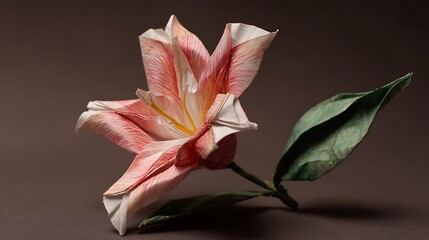 Obraz premium Delicate pink lily with green leaf against a dark brown background