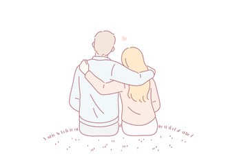 Love, dating, romance and feelings concept. Young loving couple sitting backwards embracing looking at horizon feeling in love vector illustration