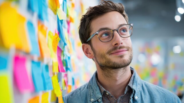 A young man with glasses gazes thoughtfully at a vibrant wall of sticky notes in a collaborative workspace. This environment sparks creativity and teamwork among colleagues. - Powered by Adobe