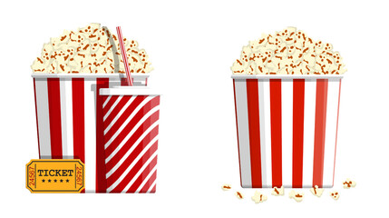 Popcorn in red strip bucket with drink and cinema ticket. Movie snack food. Flat style vector. Illustration for online cinema.