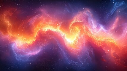 Vibrant cosmic nebula swirling in hues of orange andpurple, evoking a sense ofwonder and exploration in he universe.