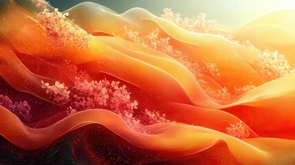 Vibrant abstract waves of orange and pink hues, adored with delicate floral elments, creating a serene ad captivating visual landsape.