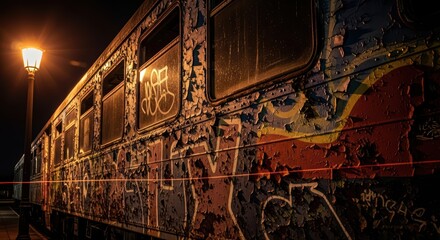 Abandoned graffiti-covered train car at night with street lamp illumination