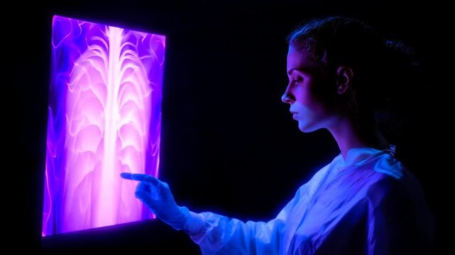 Woman examining glowing x-ray in dark room