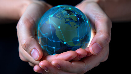 Photo of hands cradle a glowing digital globe with a network of blue lights connecting continents, symbolizing global connectivity and technology