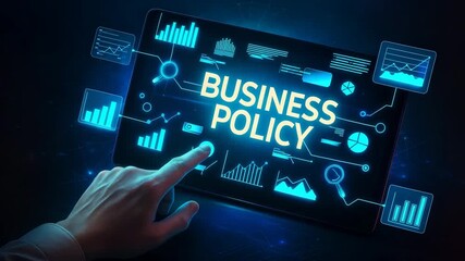 Business policy data analysis with charts and graphs on a tablet screen in digital interface - Powered by Adobe