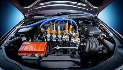 close up view of engine components with fuel injectors and connective hoses in a modern automobile for automotive industry needs