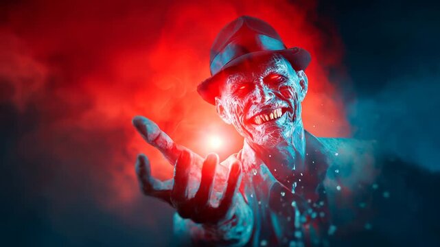 Eerie zombie with red glowing eyes offering hand in smoky background