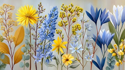 European Wildflowers and Weeping Willow Botanical Concept Illustration