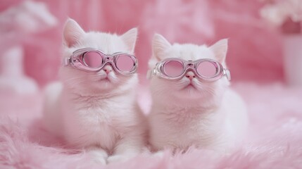 Fluffy white cats with pink-tinted goggles sit close together on a soft pink surface, enjoying the playful ambiance of their environment and looking quite adorable.