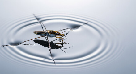 A Close Up of a Water Strider Making Ripples on Silver Water