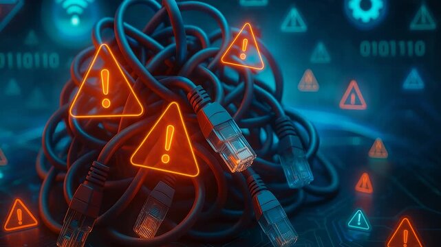 Network Error and Connectivity Issues with Warning Signs and Cables on Digital Interface