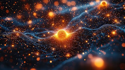 Abstract cosmic energy waves with glowing particles,representing innovation an technology in a vibrant, ynamic visual landscape.