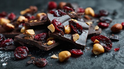A chocolate bark with roasted nuts and dried cranberries, broken into pieces, dark concrete background