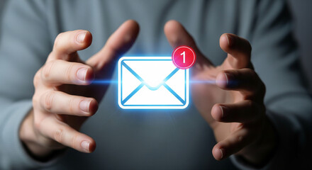 Businessman with email icon notification, symbolizing new messages, digital communication, and online connection in the modern era