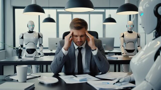 Overwhelmed professional confronts robotic workforce in sterile modern workspace. Scattered documents reveal human vulnerability amid technological takeover.