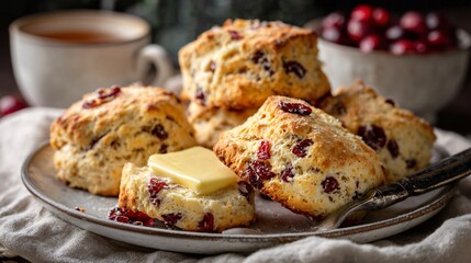A cranberry orange scones on cream linen with butter knife, gentle textures and soft autumn palette
