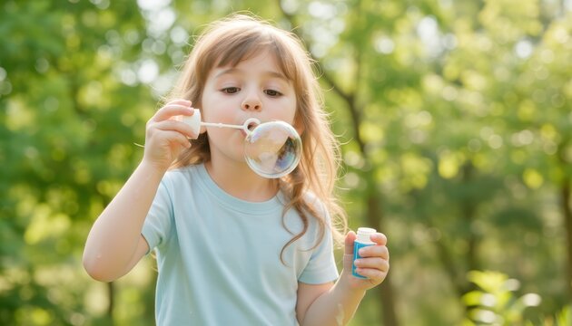 Child blowing bubbles in nature outdoor playtime scene bright green environment cheerful moment - Powered by Adobe