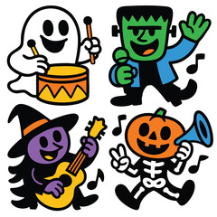 Cartoon ghost drum, Frankenstein sing, witch guitar, pumpkin skeleton trumpet, joyful music