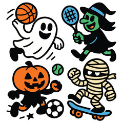 Halloween ghost basketball, witch tennis, pumpkin soccer, mummy skateboarding, playful cartoon