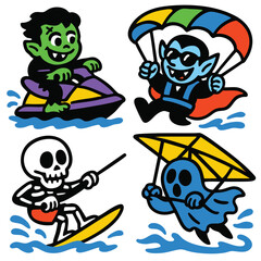 Cartoon monster vampire skeleton ghost water sport jet ski parasailing surfing hang gliding