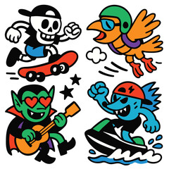 Skateboard skeleton, flying bird, vampire playing guitar, and blue creature jet ski cartoon style