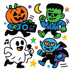 Pumpkin head, Frankenstein, ghost, and vampire cartoon characters dancing with colorful stars