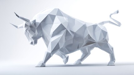 This artwork features a large, stylized bull made from geometric shapes. The white sculpture stands prominently against a minimalistic background, creating a striking focal point.