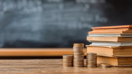 A collection of stacked books sits on a wooden desk alongside several stacks of coins. A chalkboard in the background suggests an educational setting where finance concepts are taught.