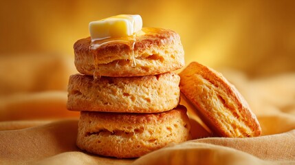 A golden sweet potato biscuits stacked with pat of butter melting, soft backlight, mustard yellow backdrop