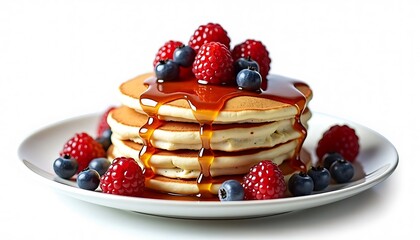 Stack of pancakes with raspberries, blueberries, and syrup on a white plate
