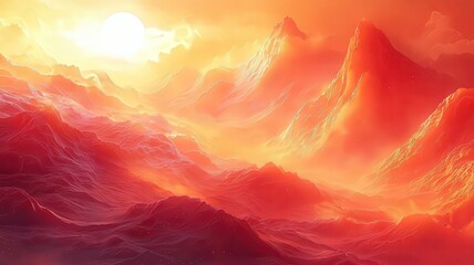 Vibrant sunset over majestic mountains, casting warmhues across a serene landsape, perfect for inspiringadventure and tranquility n commercial projects.