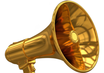 Shiny golden megaphone amplifying sound isolated on transparent background