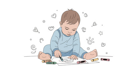 A baby drawing with crayons on paper and enjoying coloring time in a vector art illustration
