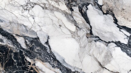 Fototapeta premium A striking black and white marble surface features unique veining patterns, creating a sophisticated look for contemporary interiors. Ideal for countertops and flooring.