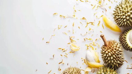 Durian on a White Background – a bold and striking visual. The tropical fruit stands out vividly against the clean white backdrop, highlighting its unique texture and exotic appeal.