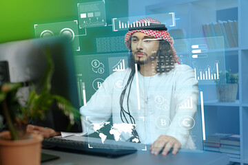 Professional man analyzing financial data on computer with digital graphs in the background