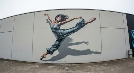 Dynamic mural of ballet dancer in motion on building wall