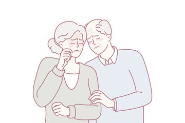 Unhappy elderly man and woman cuddle feel sad and lonely on maturity. Upset lonely mature couple crying mourning or grieving. Senior grandparents in despair. Vector illustration.