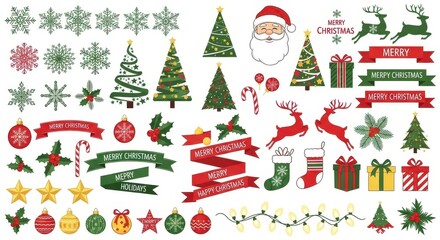 Pixel Art Christmas Decorations Collection with Santa Claus and Reindeer