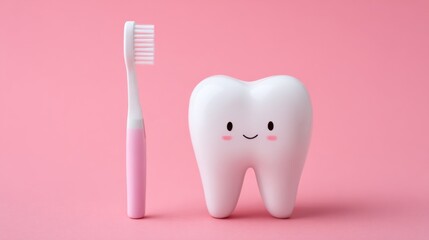 A cheerful cartoon tooth character with a smiling face stands next to a pink toothbrush on a soft pastel pink backdrop, emphasizing the importance of dental care and hygiene.