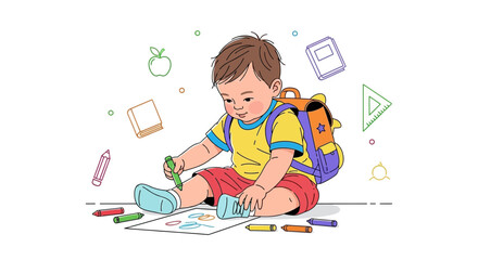 Young Toddler Creating Art While Wearing a Backpack, Smiling, Enjoying Creativity