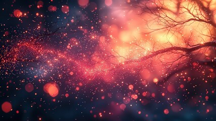 Enchanting cosmic landscape with swirling sparks anda silhouetted tree, evokin a sense of wonder and magc in a vibrant, dreamlike tmosphere.