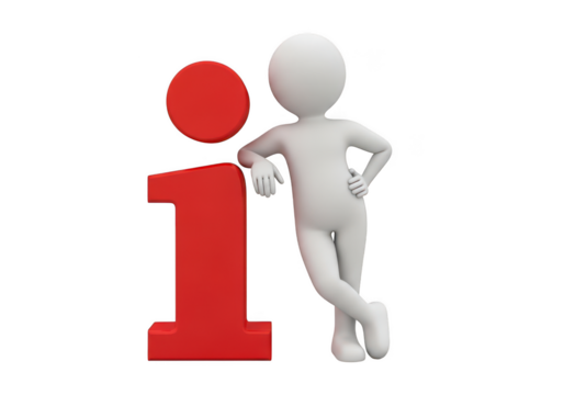 White 3d man leaning against large red letter i with red circle isolated on transparent background