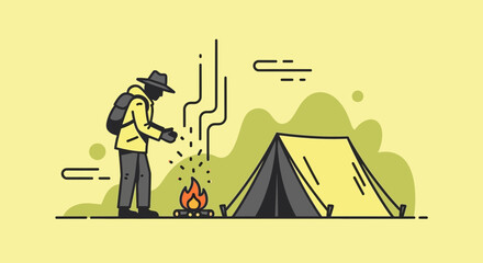 A Camper Starting Fire Near Tent While Camping In The Wilderness Adventure Scene