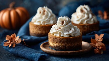 A mini pumpkin cheesecakes with whipped cream swirl, deep navy backdrop and burnt orange styling elements