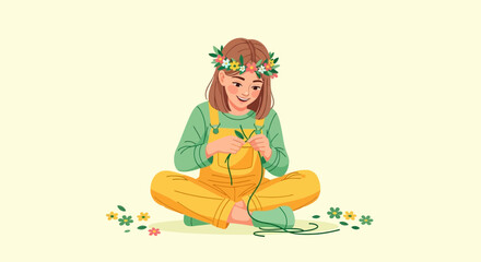 Fototapeta premium Young Woman Crafting A Floral Crown While Blissfully Relaxing And Enjoying Nature